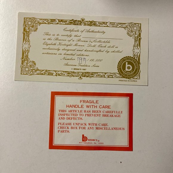 1987 Brinn's American Tradition "First Lady Series" Elizabeth Monroe Doll - Picture 14 of 16